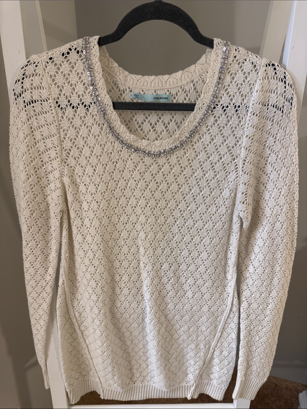 Maurices Cream Openwork Knit Crewneck Sweater with Beaded Trim
